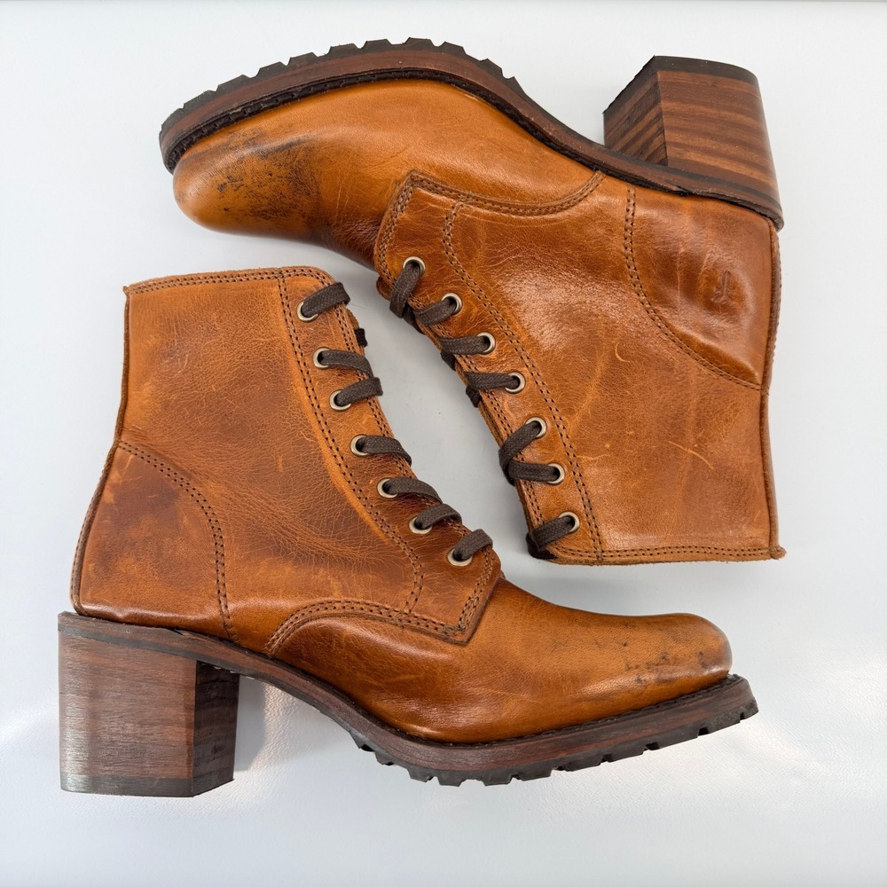 Frye Sabrina 6G Cognac Leather Block Heel Boots Made in USA 77029 Womens 7.5M